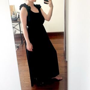 Elegant Black Mesh Maxi Dress with Decorative Rose-like Shoulders